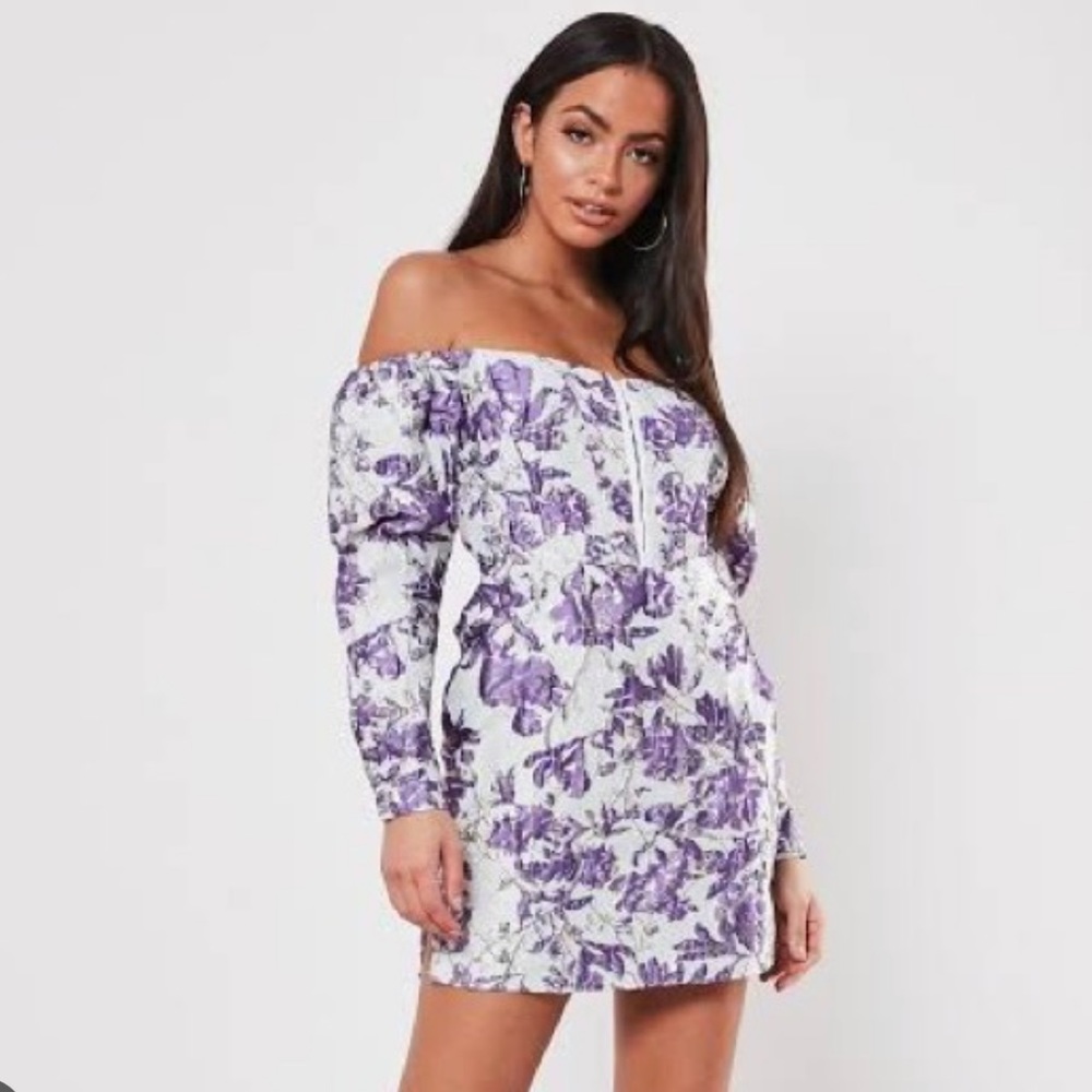 Missguided White and Purple Off-Shoulder Floral Mini Dress